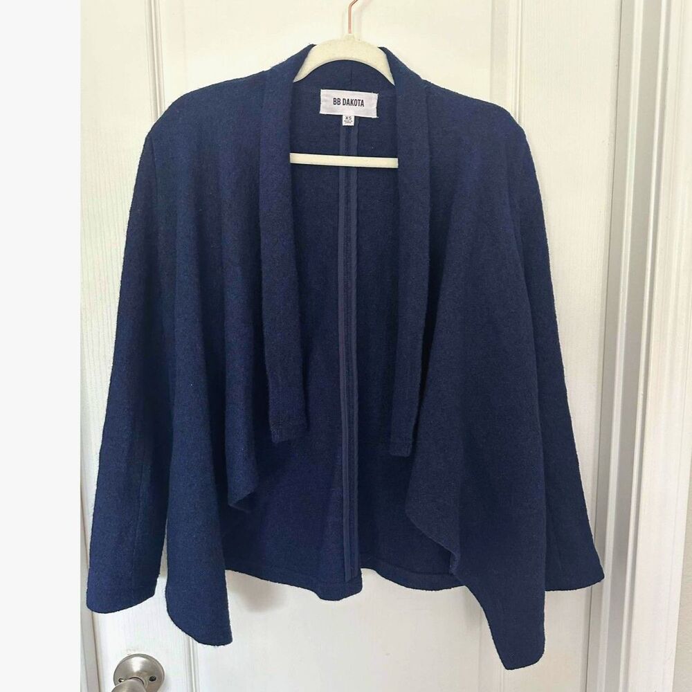 BB Dakota Navy Blue Wool Blend Draped Waterfall Open Front Blazer- Size XS - Picture 2 of 8
